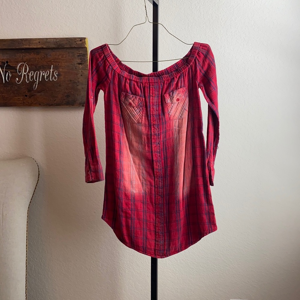 Off the shoulder red and blue flannel dress